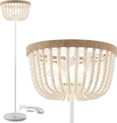Vista 10 de VILUXY Lámpara de pie bohemia bohemia con cuentas de madera, acabado blanco rústico antiguo para dormitorio, guardería, comedor, habitación de niña