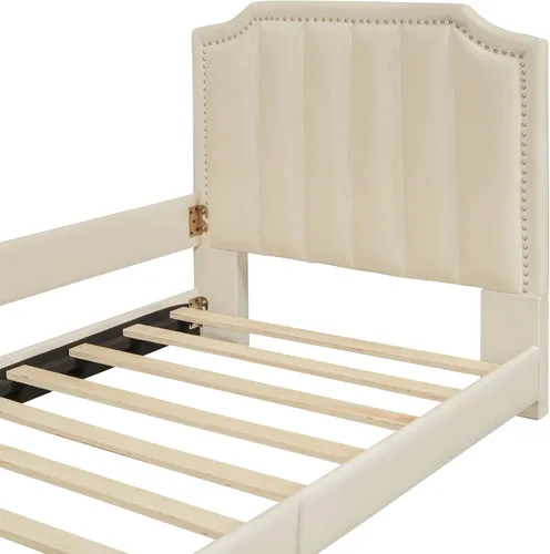 Vista 5 de VilroCaz Sofá cama de terciopelo tamaño individual con cabecero clásico en forma de rayas, plataforma tapizada, marco de cama de capitán