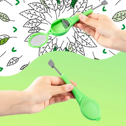 Vista 3 de 3 filtros de té de mango largo de plástico, infusor de té de malla con émbolo integrado, reutilizables, coladores de dos lados para té suelto, café