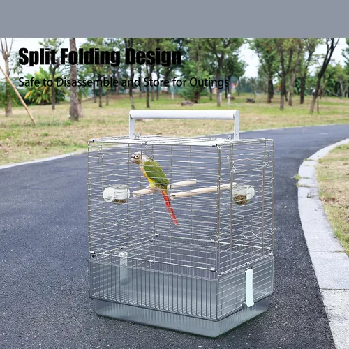 Vista 6 de Jaula para pájaros de viaje de acero inoxidable, 304 portátil, plegable, para loros, conures, cacatúas, periquitos, jaula grande de 17 pulgadas