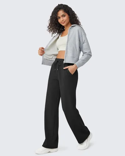 Vista 5 de G4Free Fleece Lined Pants Women Wide Leg Sweatpants with Pockets Drawstring Lounge Athletic Track Fall Winter