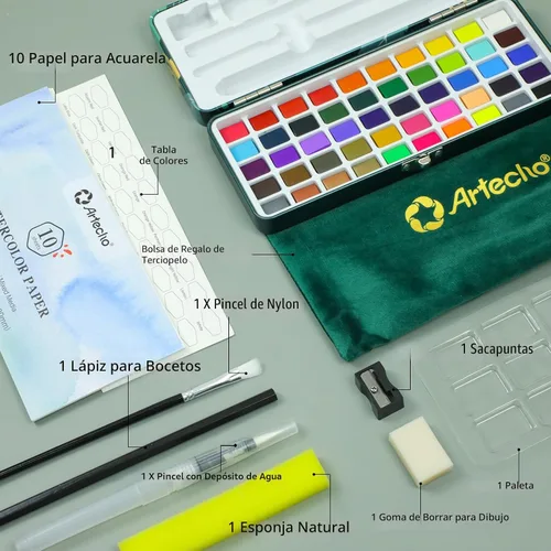 Vista 3 de Artecho Juego de pintura de acuarela de 50 colores, juego de acuarela de viaje con papeles de acuarela y pinceles, ideal para aficionados
