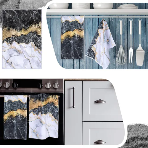 Vista 7 de Kinlop Juego de 4 toallas de cocina de mármol negro y dorado, toallas de mano con temática de mármol, accesorios de baño, paños de cocina, regalo