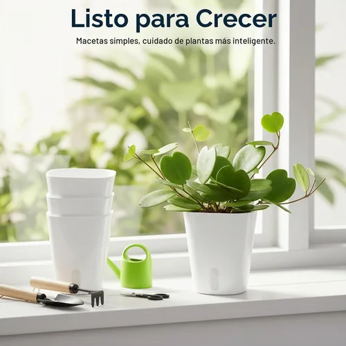 Vista 6 de Paquete de 8 macetas de riego automático de 4 pulgadas para plantas de interior, taza interior transparente, pequeñas macetas de plástico blanco