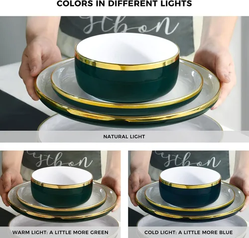 Vista 8 de Pokini Juego de vajilla de porcelana, juego de 12 platos y cuencos de porcelana de lujo, juego de platos verdes con borde dorado para boda