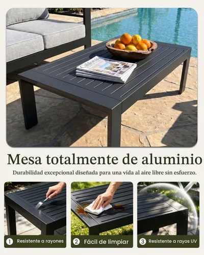 Vista 7 de LayinSun - Juego de muebles de patio de aluminio para exteriores de 4 piezas, sofá de conversación moderno de metal con mesa de café y cojines Negro