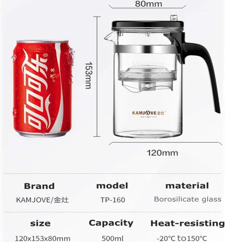 Vista 5 de Kamjove Tetera de cristal con filtro desmontable 16.9 fl oz, tetera resistente al calor de borosilicato de 16.9OZ