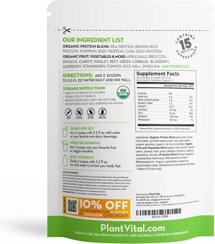 Vista 7 de Plantvital Proteína vegana orgánica sin sabor en polvo, 15 superalimentos, verduras y probióticos, proteína orgánica a base de plantas, todos