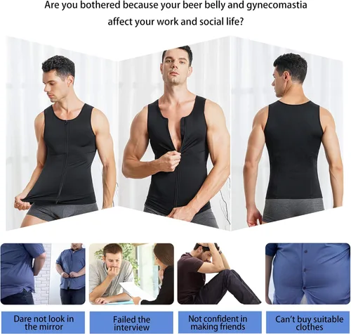 Vista 5 de Eleady Camiseta de compresión para hombre con cremallera para adelgazar el cuerpo, camiseta deportiva sin mangas