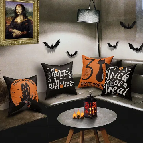 Vista 6 de Juego de 4 fundas de almohada de Halloween de 18 x 18 pulgadas, funda de almohada de lino suave con castillo de gato negro, decoración rústica