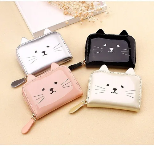Vista 7 de JIUFENG Cartera para mujer con bloqueo RFID, bonito diseño de gato, con cremallera, multiusos, tarjetero pequeño