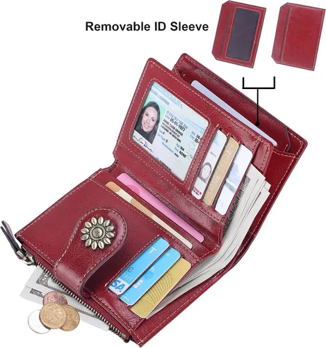 Vista 2 de Lavemi Cartera de cuero para mujer, pequeña, compacta, con bloqueo RFID, con bolsillo con cremallera