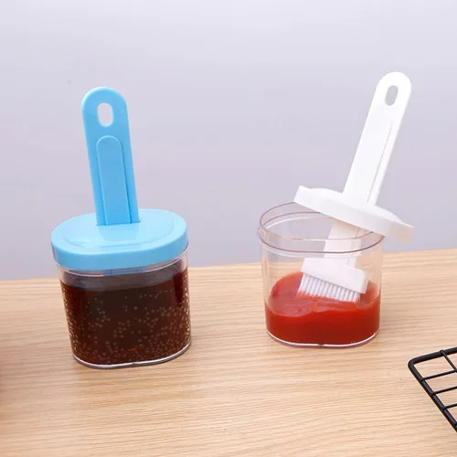 Vista 2 de 2 unids cepillo para untar con recipiente resistente al calor salsa aceite cepillo para barbacoa parrilla hornear y pasteles color aleatorio