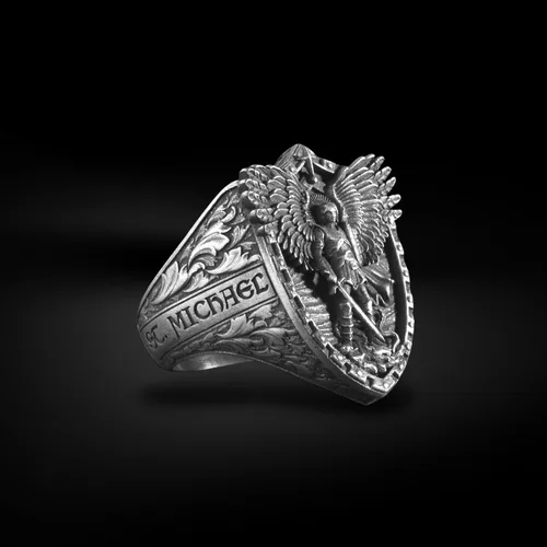 Vista 3 de BySilverStone Jewelry - Anillo de hombre con sello de alas de dragón de arcángel Miguel extraordinario anillo de fe cristiana de plata de ley