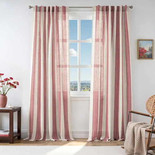 Vista 36 de DriftAway Cortinas de estilo granja con rayas verticales de lino mezclado texturizado con filtro de luz semitransparente para sala de estar