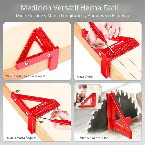 Vista 3 de Regla Cuadrada de Medición Multi-Ángulo 3D Mini de 3.8", WT102A Herramientas de Carpintería de Alta Precisión para Marcado de Agujeros en Trabajos