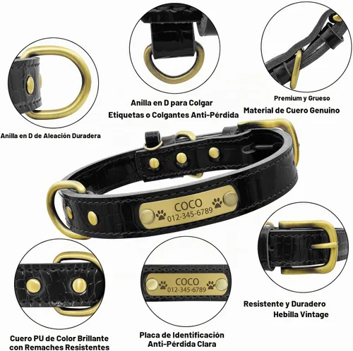 Vista 2 de Collar de perro de cuero genuino personalizado Senristar con placa de nombre grabada - Collar para perro duradero y elegante personalizado para Negro