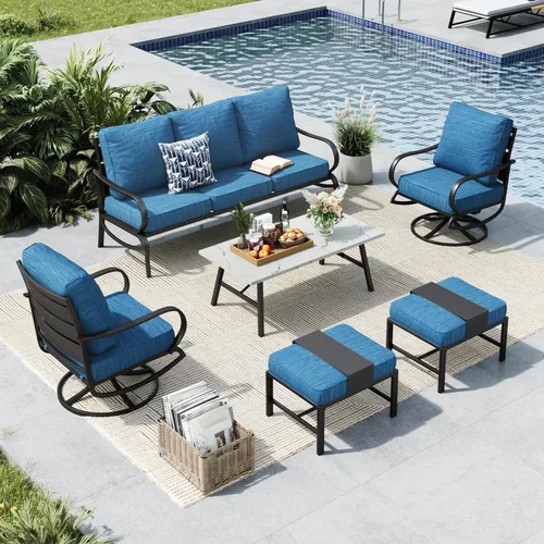Vista 13 de MFSTUDIO Juegos de muebles de patio, sofás de conversación de metal para exteriores con 1 sofá de 3 asientos para jardín, cojín beige