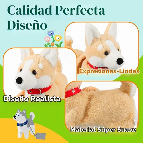 Vista 6 de HCdoujoy Perro Corgi juguete que camina y ladra, cachorro interactivo musical que canta y baila con control de volumen, camina con correa, menea