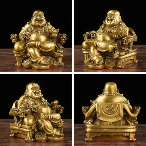 Vista 4 de Brass Statu BRABUD Feng Shui - Estatua de Buda sonriente hecha a mano sentado en la silla del emperador, escultura para el hogar
