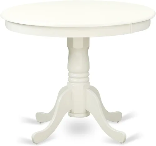 Vista 3 de East West Furniture ANBR3-LWH-02 Juego de mesa de comedor de 3 piezas contiene una mesa de comedor redonda con pedestal y 2 sillas tapizadas de tela