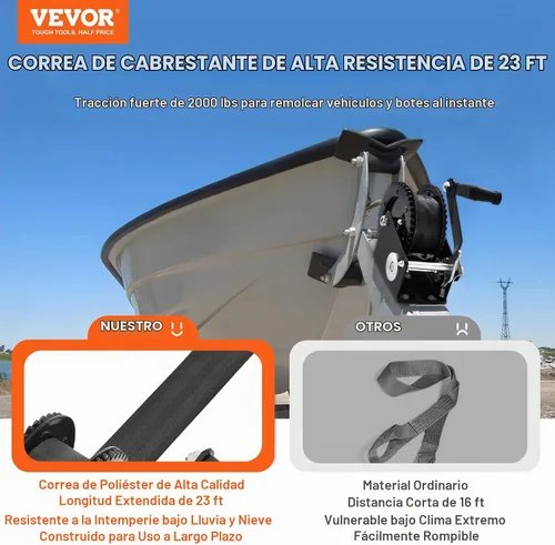 Vista 2 de VEVOR Cabrestante para Barco, Capacidad de 2000 lbs, Cabrestante Manual de Remolque para Barco de Servicio Pesado con Manivela de Cuerda con Correa