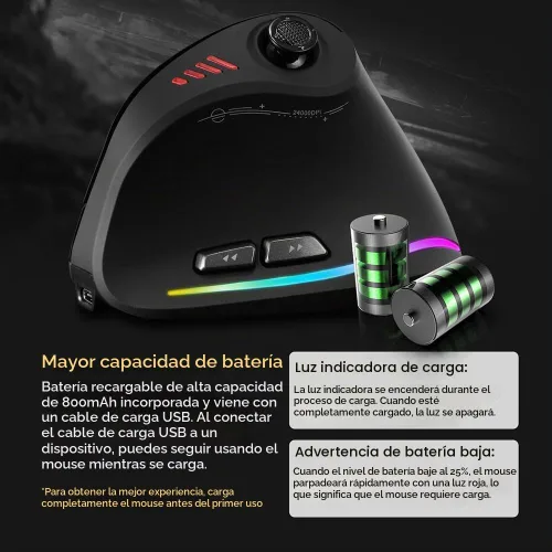 Vista 6 de zelotes Ratón inalámbrico Bluetooth con joystick, recargable, 24.000 DPI, 11 botones programables, RGB, modo dual (BT+receptor USB de 2.4 G), mouse