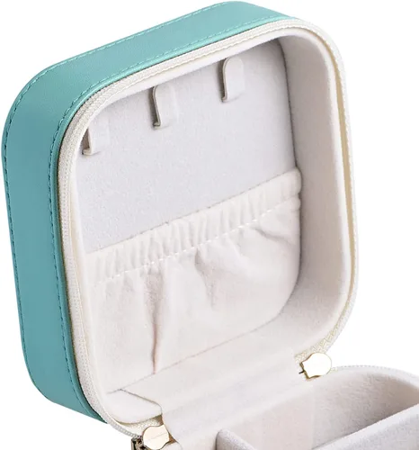Vista 4 de Joyero de viaje de cuero de lujo para mujer, mini organizador de joyería pequeña, estuche de viaje portátil para anillos, aretes, collares