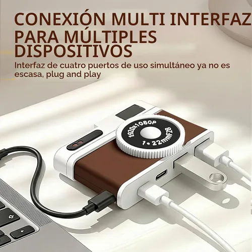 Vista 5 de Hub USB C, concentrador USB de 4 puertos con 2 puertos USB-A 2.0 y 2 puertos USB-C, adaptador USB compacto estilo cámara vintage para laptop