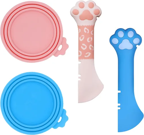 Vista 19 de SJANE Cucharas y tapas de latas de comida para gatos 4 piezas Abridor colorido multifunción con forma de pata Fundas universales de silicona
