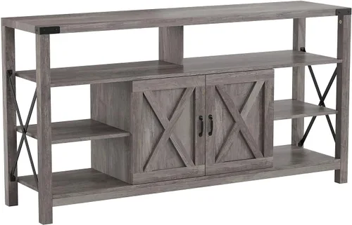 Vista 9 de Flash Furniture Wyatt - Mueble de TV alto y moderno de 60 pulgadas, gabinete de consola gris costero, estante central ajustable, estantes fijos