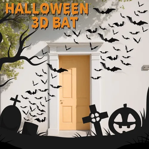 Vista 5 de FANDAMEI 140 piezas de murciélagos para decoración de Halloween, 5 tamaños de murciélagos, decoración de pared de murciélagos 3D para decoración