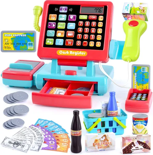 Vista 9 de PLAY Caja registradora de juguete para niños - Juguetes de simulación de calculadora con micrófono/transportadores/dinero de juguete/escaner/tarjeta