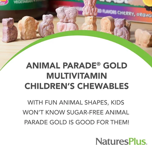 Vista 3 de NaturesPlus Animal Parade Gold Multivitamínico Masticables para niños, sabor a cereza, 60 tabletas masticables en forma de animal, con vitamina D3