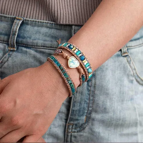 Vista 4 de ZOSOJONA Pulsera envolvente para mujer, estilo bohemio, con cuentas de piedra de cristal de jaspe natural