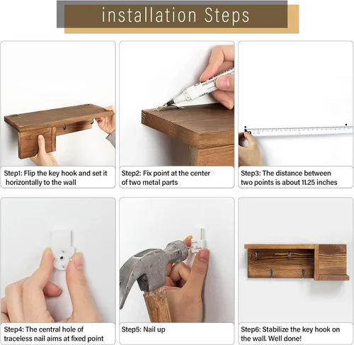 Vista 8 de AKKO Soporte de madera para llaves decorativo de pared, organizador de correo y llaves con 4 ganchos para llaves y estante flotante en forma de "Z