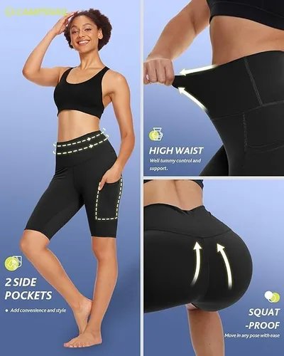 Vista 2 de CAMPSNAIL Paquete de 4 pantalones cortos de ciclismo para mujer con bolsillos 5"8" cintura alta control de abdomen entrenamiento gimnasio yoga