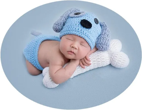Vista 2 de Traje de bebé recién nacido, accesorios para fotos, trajes de ganchillo de punto azul con gorro de perro, pantalones cortos con hueso para niños
