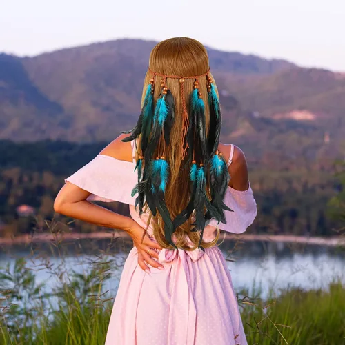 Vista 5 de Long tiantian Diadema gitana india Gangel Boho Feather Diadema con plumas blancas y marrones Accesorios de graduación para el cabello de las mujeres