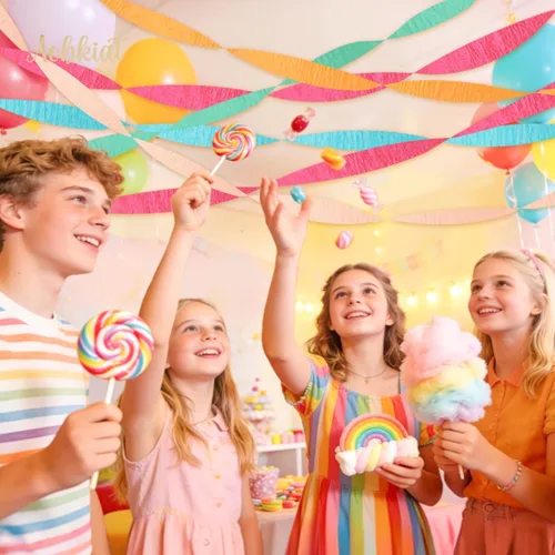 Vista 2 de AOBKIAT 5 rollos de papel crepé de serpentinas de arco iris, decoraciones de fiesta de Candyland para Navidad, cumpleaños, boda, despedida