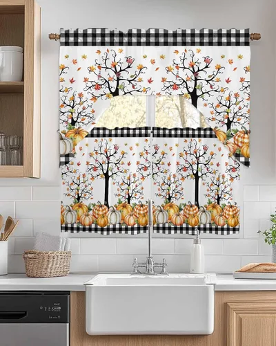 Vista 7 de Pumpkins Thanksgiving Kitchen Curtains Swag Valance and Tier Curtains Set 24 Inch Length, Fall Watercolor Botanical Leaves Retro Rod Pocket Drape