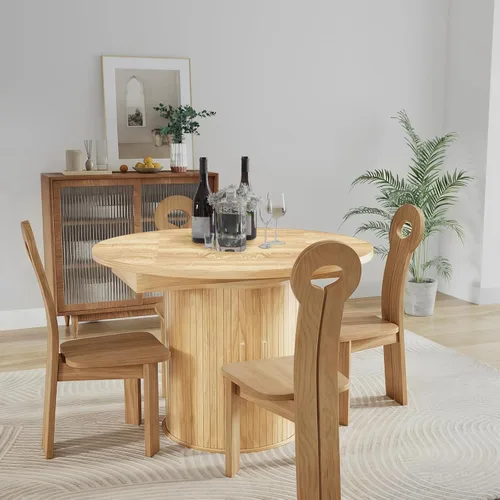 Vista 8 de Mesa de comedor redonda extensible de 43.3-59 pulgadas para 4-6-8, puerta corredera de madera estriada, mesa de cocina ovalada moderna, base