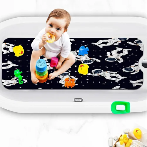 Vista 6 de Tapetes de bañera para niños, tapete de baño de astronauta negro antideslizante para bañera de 40 x 16 pulgadas, grande, lavable, antideslizante
