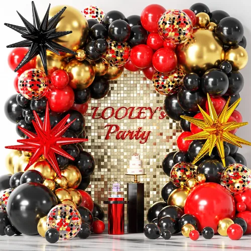 Vista 10 de Kit de guirnalda de arco de 137 piezas de globos negros, dorados y plateados con estrellas - 5, 10, 12, 18 pulgadas globos de látex negros, dorados