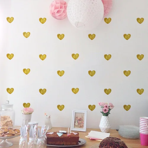 Vista 4 de Amaonm - 72 calcomanías de pared de corazón dorado brillante removibles, calcomanías de vinilo para decoración de pared para paredes del hogar