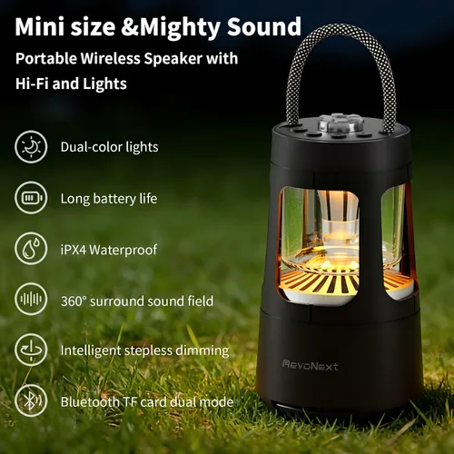 Vista 4 de Revonext - Linterna de campamento con altavoz Bluetooth, altavoz inalámbrico impermeable para exteriores con luz ambiental de doble color, altavoz