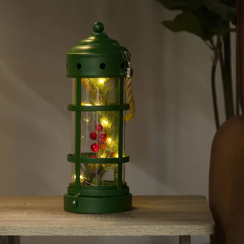Vista 12 de Alpine Corporation Farol de Navidad de metal y vidrio de 13 pulgadas de alto con 8 luces LED blancas cálidas, temporizador integrado, decoración Rojo
