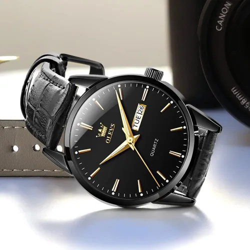Vista 3 de OLEVS Reloj para hombres cronógrafo marrón cuero oro caso analógico cuarzo moda negocios vestido grande hombres reloj día fecha luminoso impermeable