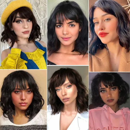 Vista 3 de PANEWAY Pelucas de cabello humano corto con flequillo, pelucas de cabello humano virgen brasileño ondulado para mujeres negras y blancas, pelucas