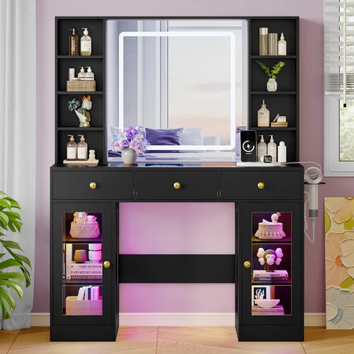 Vista 9 de Escritorio de tocador de maquillaje con espejo iluminado HD y toma de corriente, juego de mesa de tocador con parte superior de vidrio con cajones